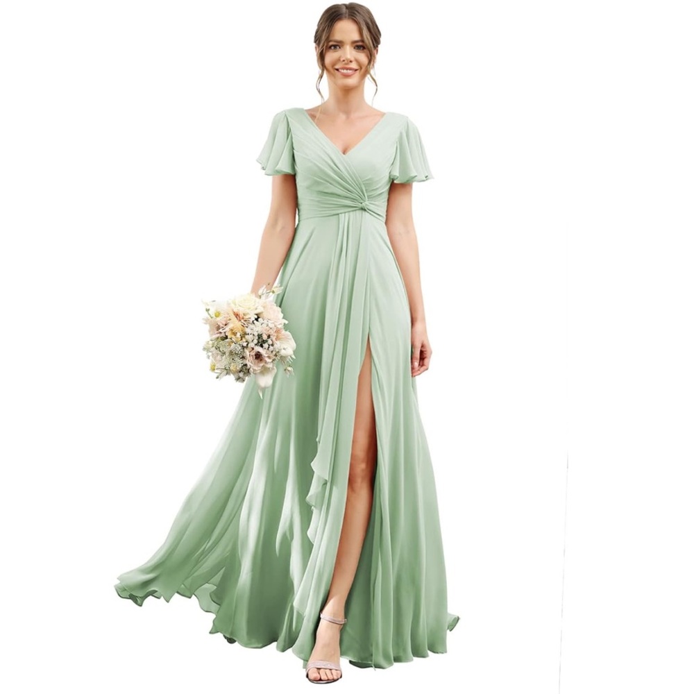 Women's V Neck Bridesmaid Dresses with High Waist Long Formal Dress with Pockets